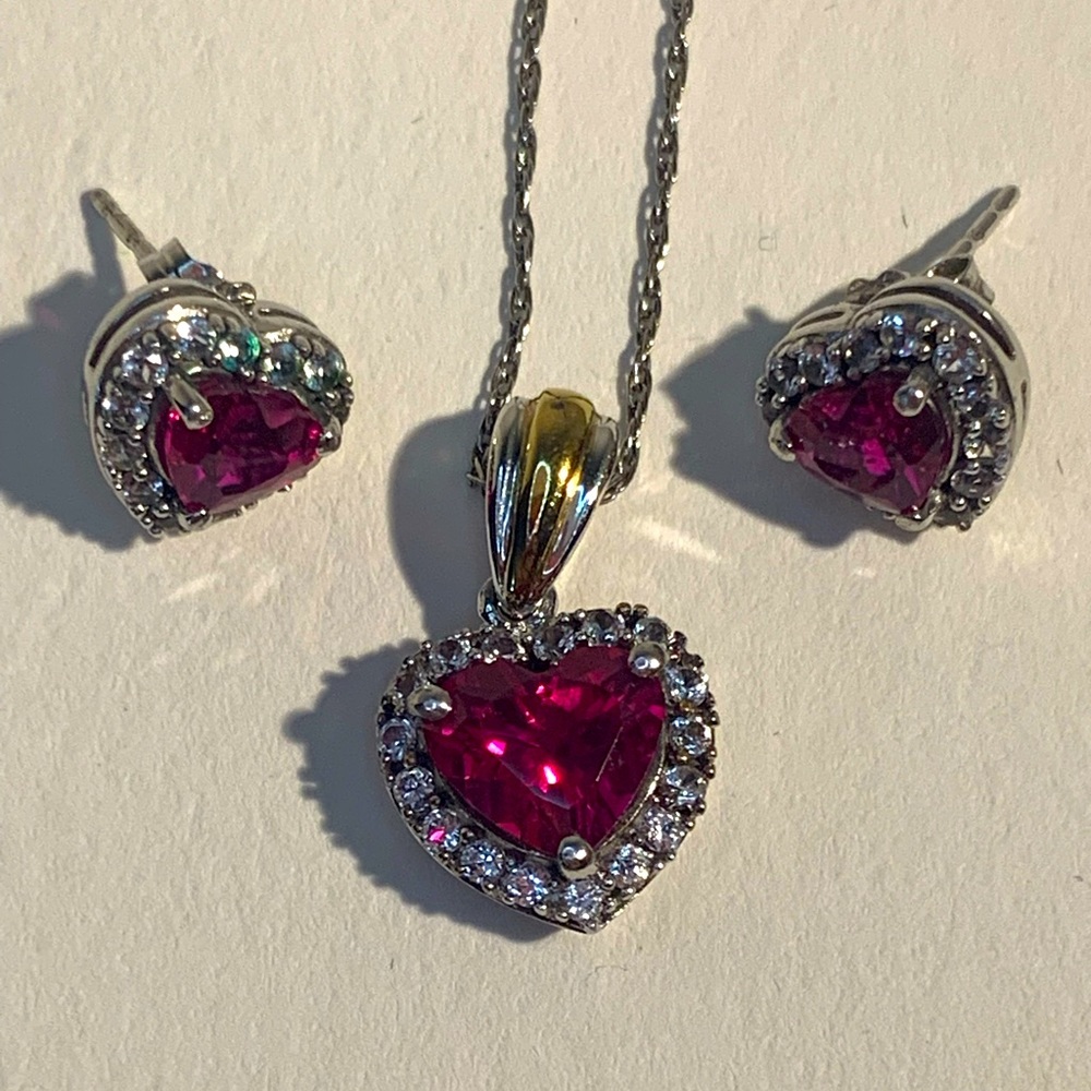 Heart Shaped Lab-Created Ruby & Diamond Pendant &… - image 2